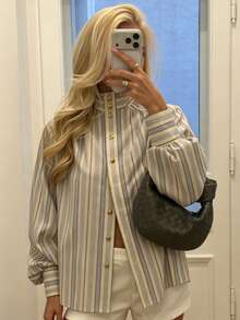 Solstice Apparel Women's Striped Stand Collar Shirt, Gold Button Lantern Puff Sleeve Loose Top - Mauve Purple - View 8