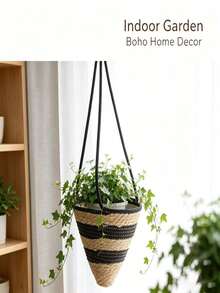 1PC Boho Hand‑Woven Jute Hanging Plant Basket, Cone‑Shape Hanging Flower Pot With Waterproof Inner Liner, Home Balcony Patio Decor - Pointed Bottom - View 5