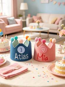 1pc Customized Name Birthday Crown Hat, Reusable Fabric Party Crown With Number Badge, Pom Pom Decoration Adjustable Birthday Party Hat, Suitable For Toddler Children Birthday Celebration, Holiday And Daily Photo Prop Gift - Multicolor - View 1