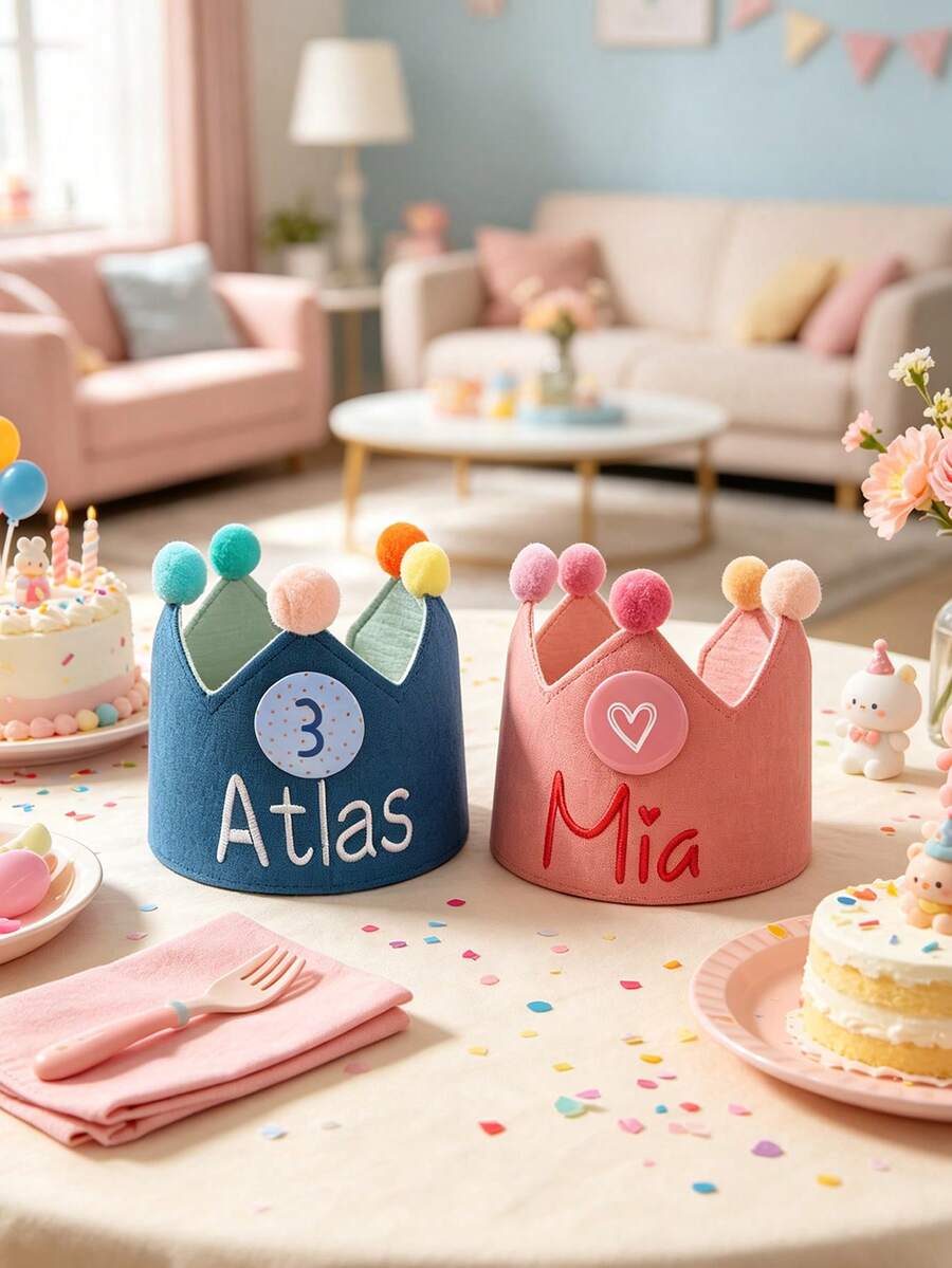 1pc Customized Name Birthday Crown Hat, Reusable Fabric Party Crown With Number Badge, Pom Pom Decoration Adjustable Birthday Party Hat, Suitable For Toddler Children Birthday Celebration, Holiday And Daily Photo Prop Gift - Multicolor - View 1