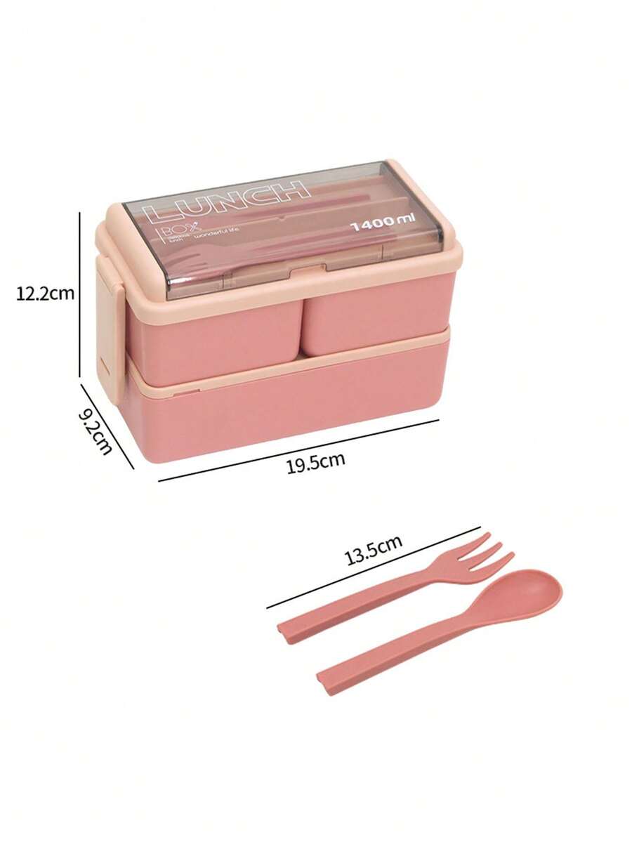 1 Buah Kotak Makan Siang Plastik Merah Muda Dua Lapis dengan Sekat, Multi-Ruang, Multi-Fungsional, Aman untuk Microwave - Berwarna merah muda - View 1