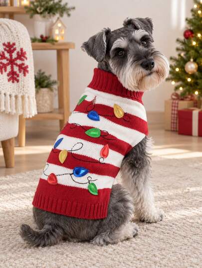1 pieza Suéter de mascotas con luces navideñas lindas, suave y cómodo suéter de punto, adecuado para perros y gatos pequeños, medianos y grandes, diseño de cuello alto, elástico y cálido, atuendo ideal de invierno para caniche, schnauzer, cachorros de Yorkshire Terrier, esencial para celebraciones navideñas