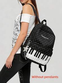 Piano Keyboard Polka Dot Backpack, Black & White Music Embroidery Large Capacity Multi-Pocket Casual Daily Use Backpack, Suitable For School, Music Class And Everyday Use - Multicolor - View 10