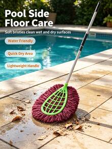 1Pc Practical Outdoor Cleaning Mop, Plastic & Metal & Fiber Material, Casual Practical Style Green‑Burgundy Contrast Teardrop Shape Hollow Grid Frame Detail Wet Dry Dual‑Use Cleaning Mop For Poolside Patio Outdoor Ground Maintenance - Large Broom With Galvanized Iron Handle - View 1