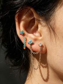 Bohemian Vintage Copper Imitation Turquoise Flower Earrings, Dainty Aesthetic Stackable Water‑Drop Chain Stud Ear Jewelry Sets Women - Yellow Gold - View 2