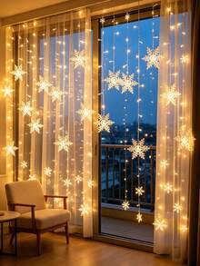 1pc Warm Tone LED Snowflake Curtain Light, 13ft/4m 96 LED Beads, 8 Modes, Indoor Decoration, Suitable For Christmas, Valentine's Day, Birthday Gift, Create Winter Atmosphere - Snowflake Curtain Lights - View 7