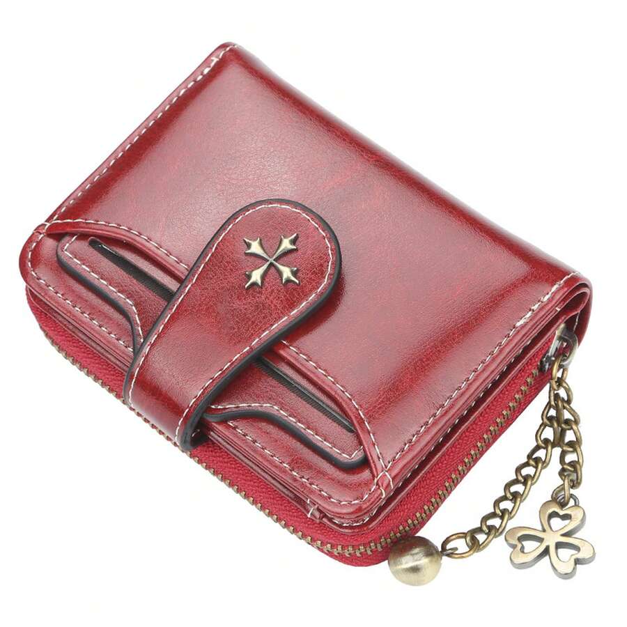 Cartera de moda para mujer con borlas, cierre de cremallera, estilo corto, múltiples ranuras para tarjetas, sensación de alta gama, monedero para mujer. - Burdeos - Ver 1