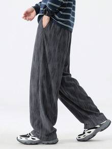 Men's American Street Style Crinkled Texture Pants, Plus Size Elastic Waist Drawstring Loose Straight Leg Casual Trousers - Grey - View 4