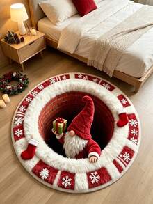 1pc Christmas 2D Flat Cartoon Gnome Elf Fireplace Living Room Round Rug, Visual Vortex Effect, Snowflake & Holly Plant Pattern Bathroom Door Mat, Seasonal Decorative Pad, Festive Design, Christmas Decoration, Perfect Christmas Gift, Perfect Match For Christmas And New Year Celebrations, Decorative Carpet, Bedroom Decor, Small Rug, Carpet, Home Decor - Multicolor - View 3