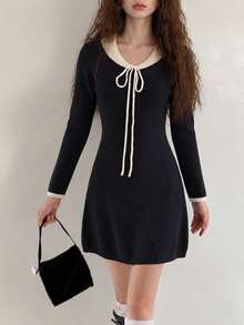 Women's Knitted Mini Sweater Dress, Contrast Collar And Drawstring Design, Long Sleeve Slim Fit Autumn/Winter Casual Style - Black - View 4