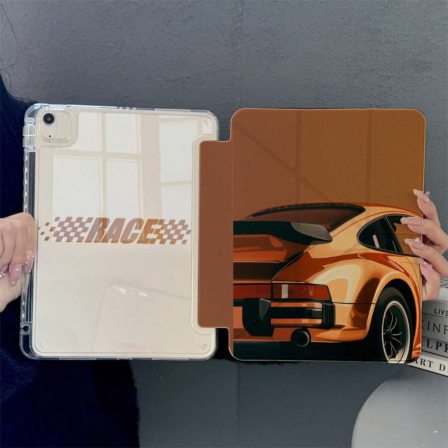 1PC Retro Racing Car Print Tablet Case 3+Y Fold Multi-Angle Magnetic Stand Tablet Case With Pen Slot & Auto Sleep/Wake Protective Cover, Compatible With IPad PRO/AIR, Compatible With SAMSUNG,Compatible With XIAOMI Pad 5/6/21,Compatible With Oppo Pad,Compatible With Huawei Matepad,Compatible With Honor Pad