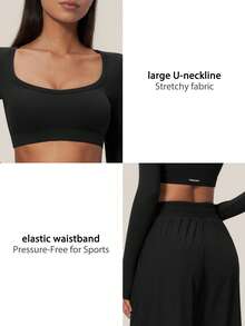 TimeOff Women's One Set Autumn/Winter Solid Color Large U-Neck Cropped Long Sleeve Top With Side Pockets And Elastic Back Waist Pleated Wide Leg Pants - Black - View 4