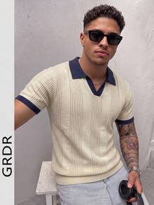 GRDR Men's Loose Thin Summer Ribbed Knit Polo Short Sleeve Shirt - Apricot - View 4