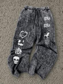 Simple-Men Washed Vintage Drawstring Baggy Sweatpants, Gothic Halloween Skull Spider Ghost House Print Elastic Waist Streetwear Loose Trousers - Black - View 1