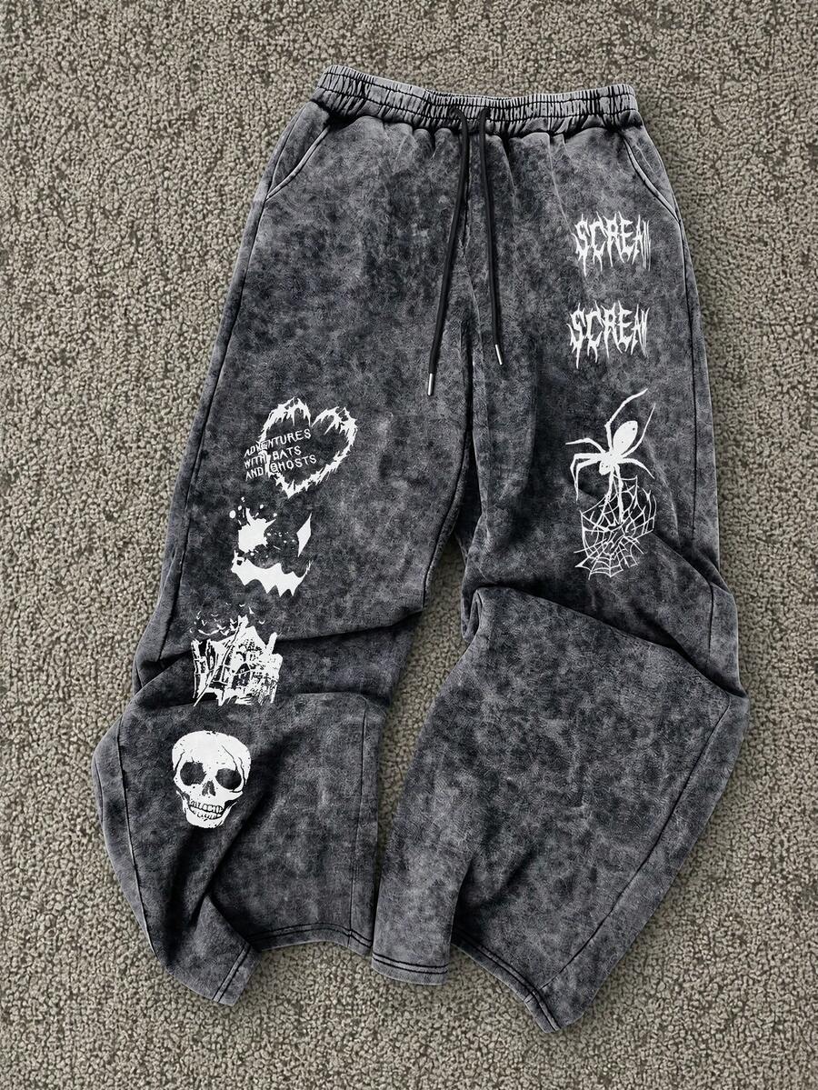 Simple-Men Washed Vintage Drawstring Baggy Sweatpants, Gothic Halloween Skull Spider Ghost House Print Elastic Waist Streetwear Loose Trousers - Black - View 1