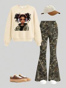 2pcs/Set Girls' Outfit, Cartoon Girl Print Sweatshirt + Plant Camouflage Flare Pants Sports Set, Spring/Autumn - Apricot - View 2