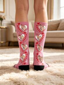 Custom Romantic Love Wedding Crew Socks, Heart Frame,Mr And Mrs,Couple Stick‑Figure Print Pink Mid‑Calf Socks,Gift Socks For Women - Pink - View 2