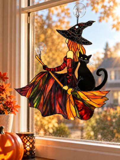 1pc Halloween Hanging Pendant Multi-Color Acrylic Witch Black Cat Shaped Window Decoration Holiday Party Background Decoration Home Decoration Suitable For Halloween Fireplace Window Wall Home Interior Decoration Gifts