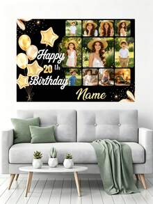 1pc Customizable Photo Name Age Black Gold Glitter Balloon Happy Birthday Banner Backdrop, Gold Glitter Sequin Star Balloon Pattern Design, Suitable For Birthday, Adult Ceremony, Party, Gift, Anniversary And Other Party Background Decoration Photography Prop, Vinyl Material - Black - View 7