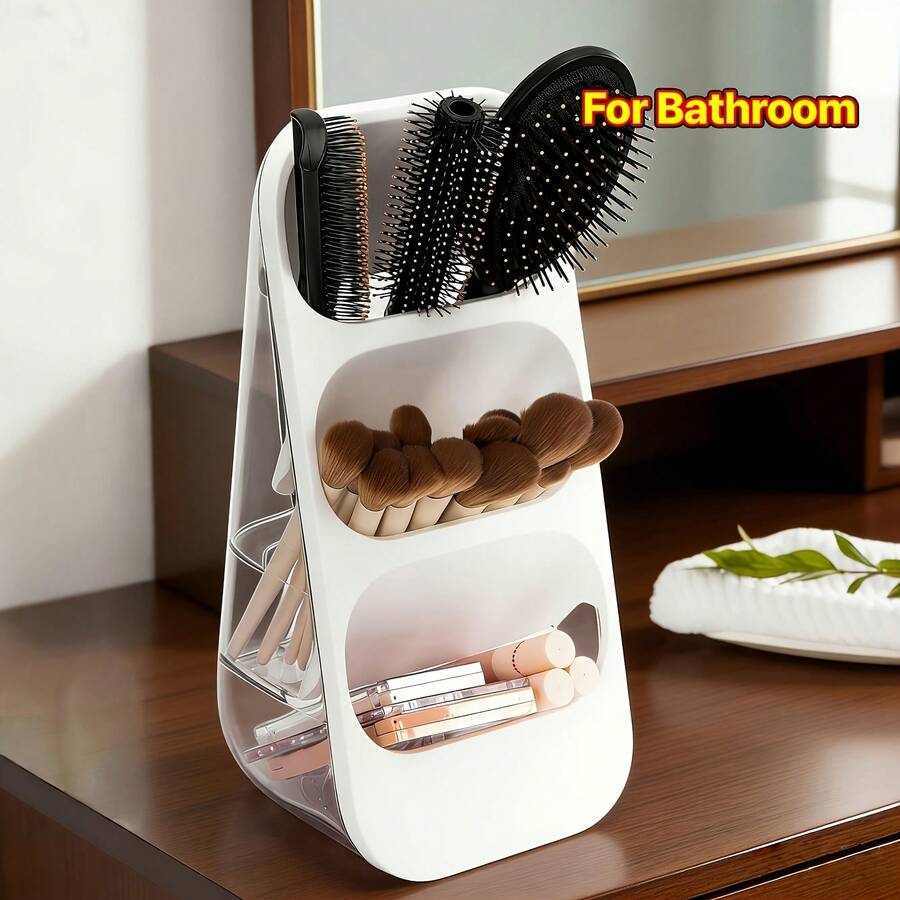 1pc Desktop Cosmetic Storage Box, Makeup Brush Organizer, Large Capacity Countertop Storage Rack, Suitable For Vanity, Bathroom, Bedroom And Office Desk Makeup Tool Storage, Easy To Store Skincare Products, Makeup Brushes, Eyebrow Pencils, Lipsticks - Multicolor - View 1