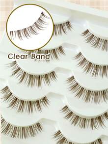 5 Pairs Brown Natural Long Fluffy Curly 3D Transparent Stem Faux Eyelashes, Comfortable Lightweight One-Piece Soft Fiber Korean Style Sweet Big Eye Lashes - Brown - View 4