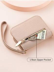 Beige Litchi Grain PU Flap Mini Wallet With Wrist Strap, Multi-Card Slot Card Holder & Coin Purse, Women's Daily Casual Travel Small Storage Bag Accessory - Multicolor - View 7