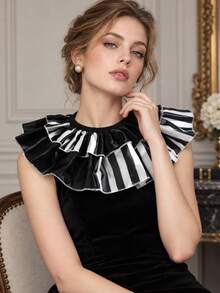 1pc Vintage Gothic Black & White Striped Double Layer Ruffle Collar For Women, Party Banquet Shirt Dress Decoration Accessory - Multicolor - View 5