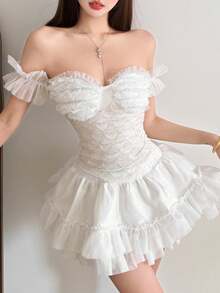 Chic Off Shoulder Ruffled Crop Top For Women, White Knitted Fabric With Cold Shoulder Short Sleeves, Corset-Look - White - View 6