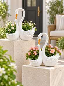 1pc Double Swan Planter, Elegant White Bird-Shaped Flower Pot With Two Planting Compartments, Succulent And Small Plant Container For Outdoor Garden, Patio, Porch, Balcony, Lawn And Yard Decor - New Product - View 4