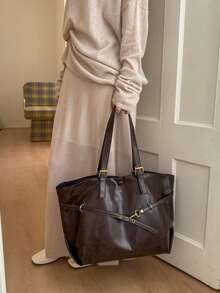 Casual Commuter Vintage Large Capacity Women's 2026 New Autumn/Winter Versatile Shoulder Bag Tote Bag, PU Material, Open Top Design - Coffee Brown - View 5