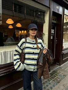 Cardigan Bergaris Warna-warni untuk Wanita dengan Detail Kancing, Pakaian Musim Gugur untuk Wanita, Busana Musim Gugur untuk Wanita, Atasan untuk Pergi Keluar, Sweater untuk Wanita, Atasan Musim Gugur - MultiWarna - View 9