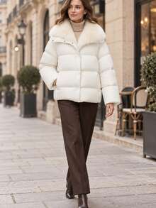 Women's Winter Quilted Long Sleeve Regular Fit Outerwear, Regular Length Fashion Casual Jacket - Beige - View 3