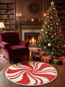 Round Burgundy Christmas Tufted Rug With Checkered Border, Snowman, Gingerbread, Gift, Candy Cane Plush Rug, Christmas, Candy - Red - View 4