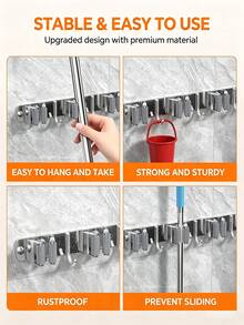 1pc 4-Clip 5-Hook Aluminum Wall-Mounted Bathroom Mop Holder, Broom Rack, Storage Rack, Drill-Free Mop Holder, Suitable For Bathroom And Balcony - Multicolor - View 4