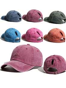 Y2K 1pc Unisex Solid Color Ponytail Baseball Cap, Washed, Sun Protection, Breathable, Adjustable Size, New Versatile Style For Daily Casual Wear And Sun Shading - Black - View 2