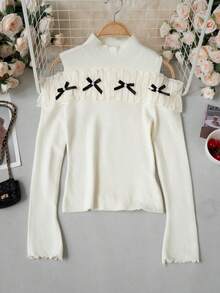 Apricot Lace Patchwork Bow Long Sleeve Knit Sweater Women Autumn/Winter Gentle Style Slim Fit Base Layer Top - Apricot - View 8