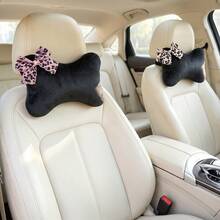 1pc Leopard Print Bow Headrest Car Neck Pillow Short Plush Headrest, Ergonomic Design, All Season Use, Women's Car Interior Accessory - A - View 4
