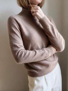HEYMINI 100% Cashmere, Solid Color Minimalist Mock Neck Cashmere Sweater, Basic Long Sleeve Slimming KnitTop, Comfortable Autumn/Winter Outfit - Maroon - View 7