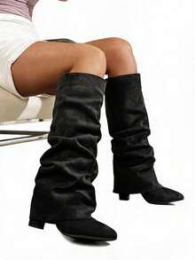 Clariva New Women's Slim Fit Ruched High Tube Boots, 2026 Autumn/Winter New Women's Pointed Toe - Black - View 1