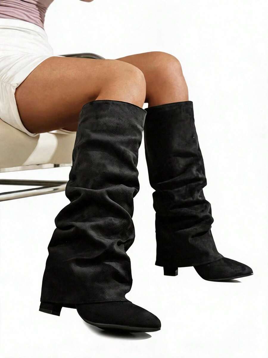 Clariva New Women's Slim Fit Ruched High Tube Boots, 2026 Autumn/Winter New Women's Pointed Toe - Black - View 1