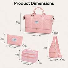 4‑Piece Quilted Travel Bag Set Weekender Duffle With Shoe Compartment Sling Backpack Cosmetic & Mesh Toiletry Pouch - Pink - View 5