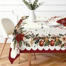 1pc Farmhouse Style Christmas Tablecloth, Poinsettia Christmas Tree Bow Christmas Ball Print Pattern, Polyester Material Single-Sided Print, Suitable For Tabletop, Washable And Reusable, Suitable For Indoor, Outdoor, Yard, Wedding, Banquet, Party, Outdoor Dining, Suitable For Craft Exhibition, Banquet Event Home Decor - Multicolor - View 2