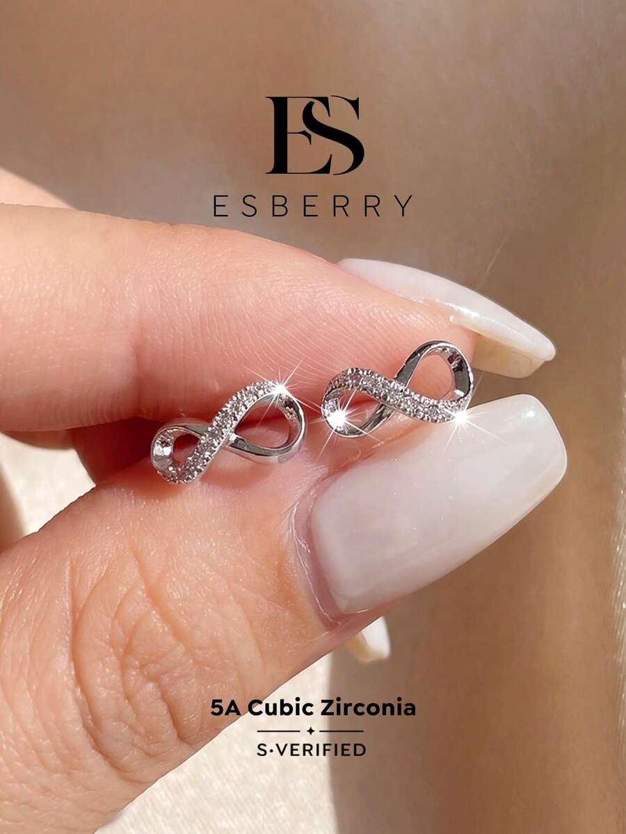 ESBERRY 1對女款無限符號耳釘，S925純銀白色精緻珠寶，約會禮物