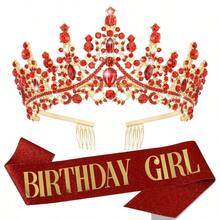 Princess Birthday Girl Crown Tiara Sash Rhinestone Crystal Crown Glitter Sash For Girls Birthday Party Headband Hair Accessories - Multicolor - View 16