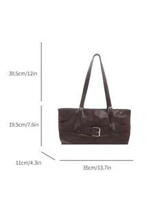 1pc Coffee Brown Buckle Strap Decor Large Capacity Solid Color PU Tote Bag Women's Shoulder Bag - Coffee Brown - View 6