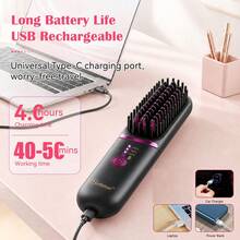 Hatteker 1pc 3-Gear Temperature Control Portable Travel Hot Air Brush, Volumizing Root Lift & Straightening Dual Use Wireless Hair Straightener - Multicolor - View 2