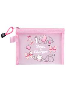 網格拉鍊收納包，附「Charger」蝴蝶結圖案，多功能便攜收納袋，數位配件收納袋，化妝包，保養品收納袋，旅行盥洗用品收納袋，宿舍用品，婚禮新娘禮物，生日禮物，朋友與老師禮物，浴室收納，珠寶收納，口紅化妝品收納袋，度假旅行必需品，戶外露營必需品 - 彩色 - 查看 14