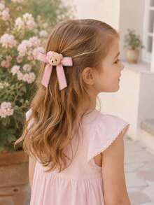 1pc Plush Bear Bow Hair Clip, Girls Flower Girl Vintage Crocodile Clip, Autumn Children's Daily Hair Accessory - Multicolor - View 5