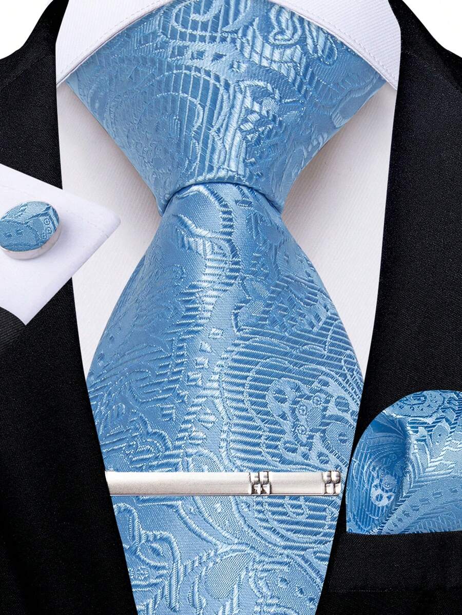 Light Blue Paisley Subtle Pattern Men's Tie 4-Piece Set Including Pocket Square, Cufflinks, Silver Tie Clip, Formal Banquet Outfit - Baby Blue - View 1