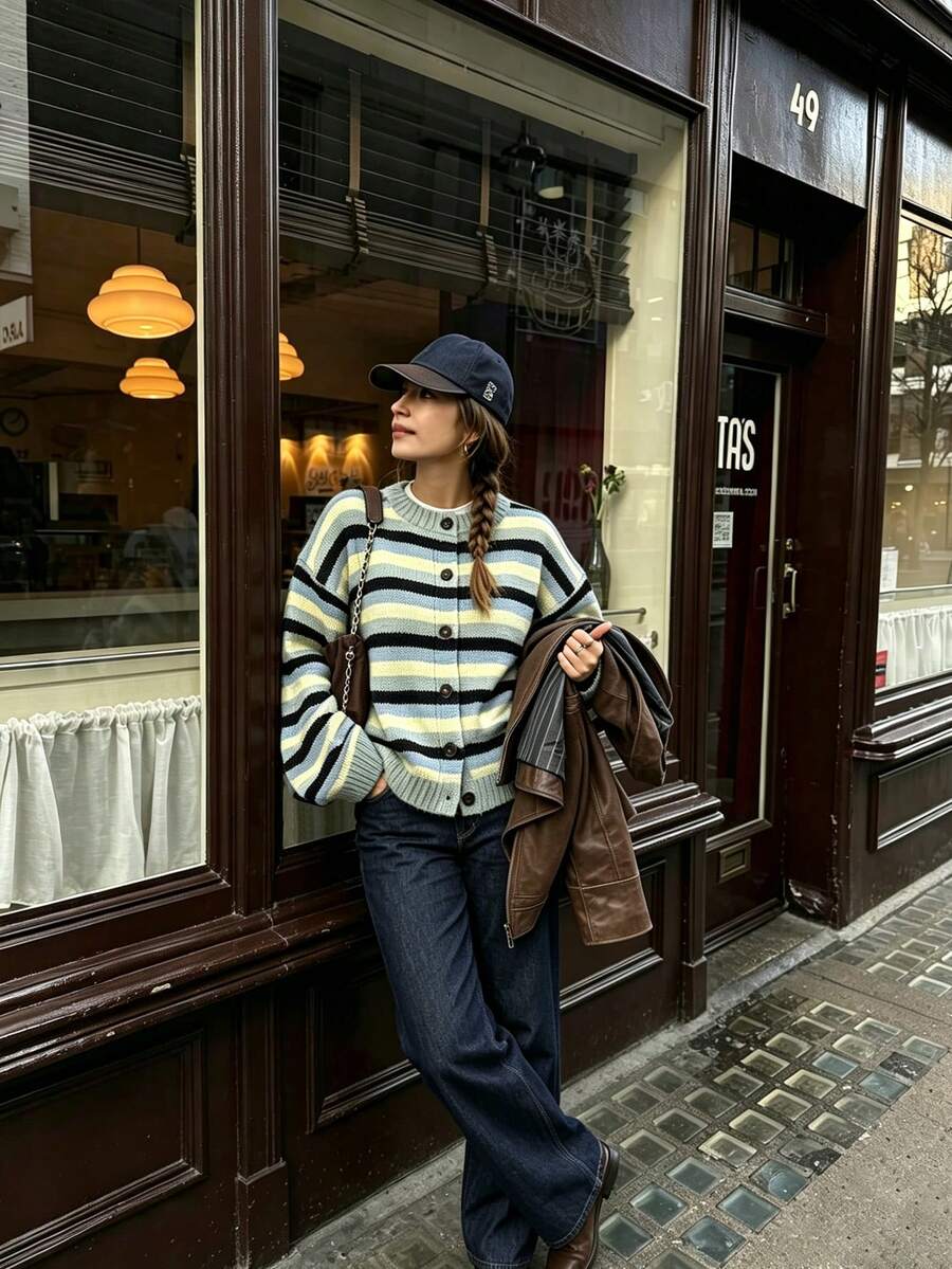 Women's Colour-Block Striped Cardigan Button Details Fall Clothes For Women Fall Outfit For Women Going Out Tops Sweaters For Women Fall Tops - Multicolor - View 1